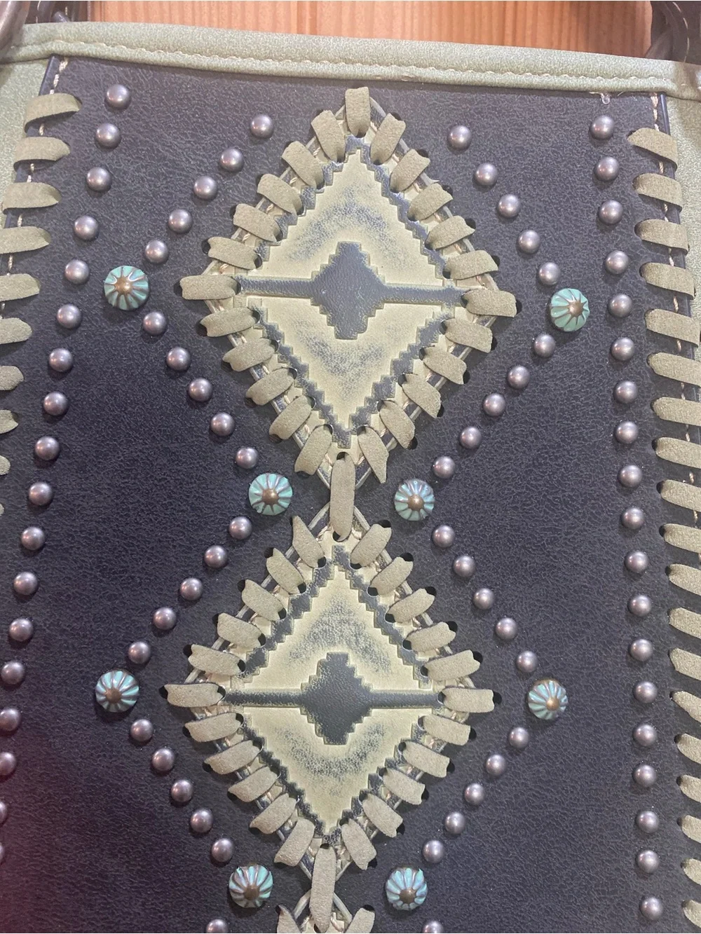 NWT Montana West Sage Green Leather Tote with Aztec Embroidery and Brown Accents